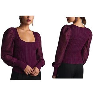 Anthropologie Women's Purple Shimmer Square Neck Puff Sleeves Sweater Blouse XL